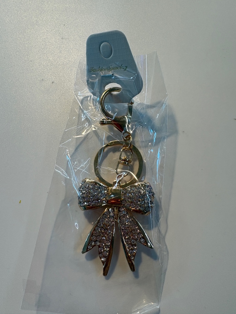 Rhinestone Bow Keychain - Gold with Clear Crystals